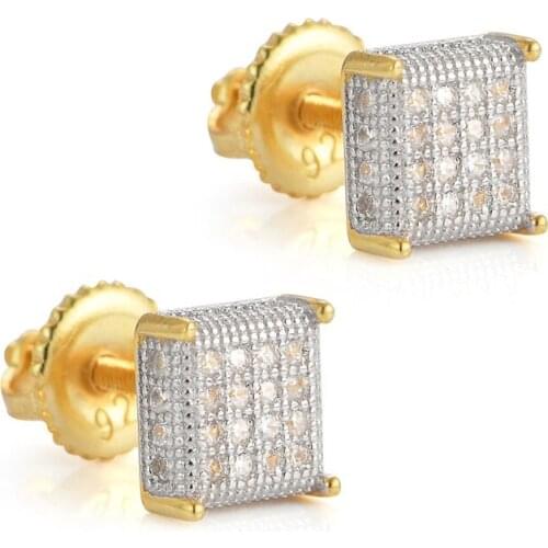 1Pair Material S925 Sterling Silver Hip Hop Cubic Zirconia Set Bling Ice Out Square Stud Earrings for Women Men Unisex Jewelry