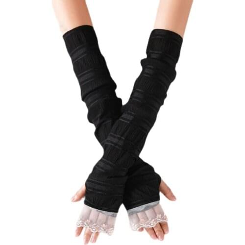 Sparsil Ladies Summer Lace Solid Long Gloves Thin Breathable Sunscreen Driving Sleeve Mittens Elegant Fingerless Female Gloves