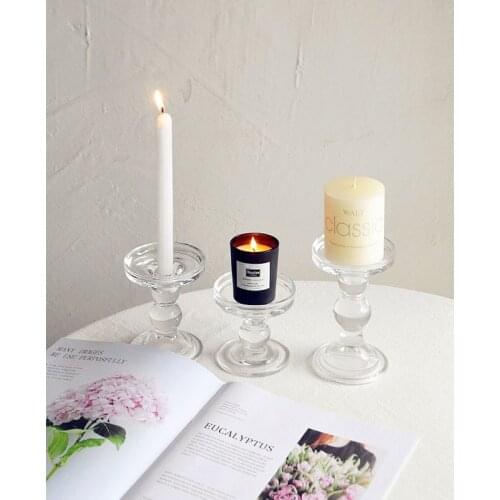Glass Candle Holders for 3 inch Pillar or 3/4 inch Taper Candle, H-3.75 / 4.5 / 5.5 inch Clear Glass, Home Wedding Decoration