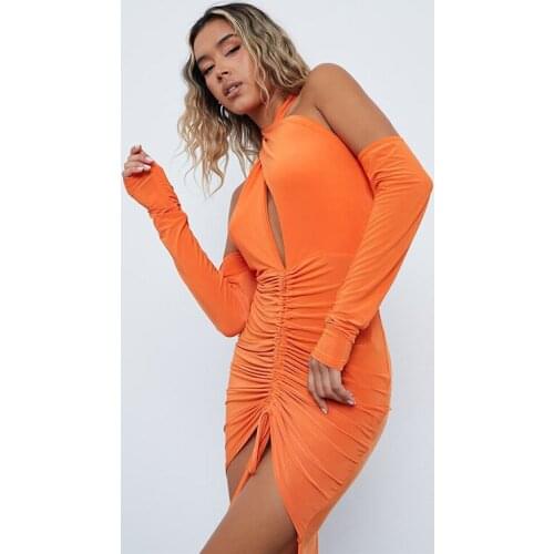 WJFZQM Sexy Drawstring Ruched Hollow Out Backless Slit Mini Dress Elegant Off-the-shoulder Partywear Dresses Women 2021 Autumn