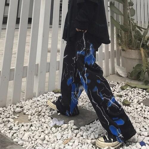 Women Fall Retro Y2k Lightning Print Wide Leg Pants Oversize Harajuku Streetwear Korean Fashion Trouser For Female 90s Aesthetic