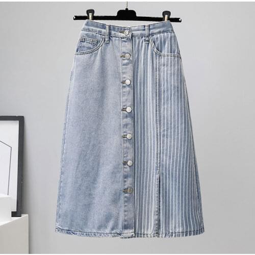 Plus Size Light Blue Striped Patchworked Straight Denim Skirts 4XL Summer Korea Streetwear Split Punk Jeans Skirts Vintage Mujer