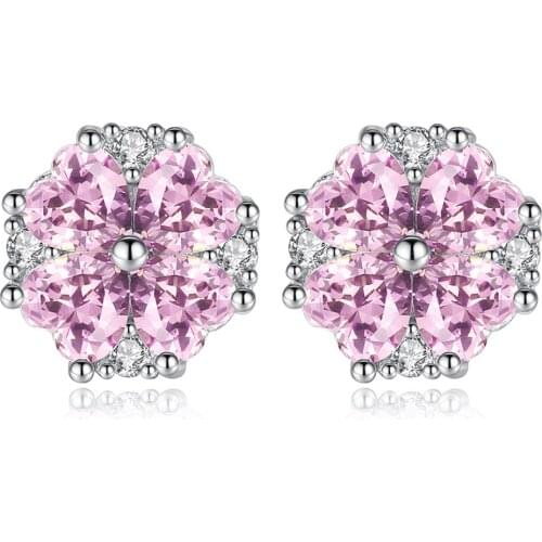 Utimtree Korean Pink Heart Flower Stud Earrings for Women AAA Cubic Zircon Silver Fashion Earrings For Wedding Bridal Jewelry