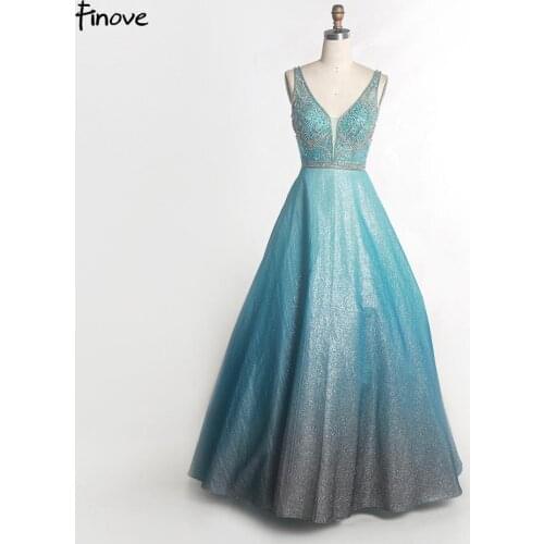 Finove Reflective Dress 2020 New Sequined Evening Dress Long V Neck With Beading Crystals A Line In Women' Dresses Plus Size