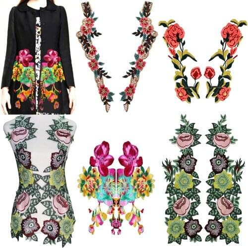 1Pair Multicolour Large Long Flower Fabric Patches Embroidery Applique Sew on Scrapbooking Clothing Decorated Accessories T2525