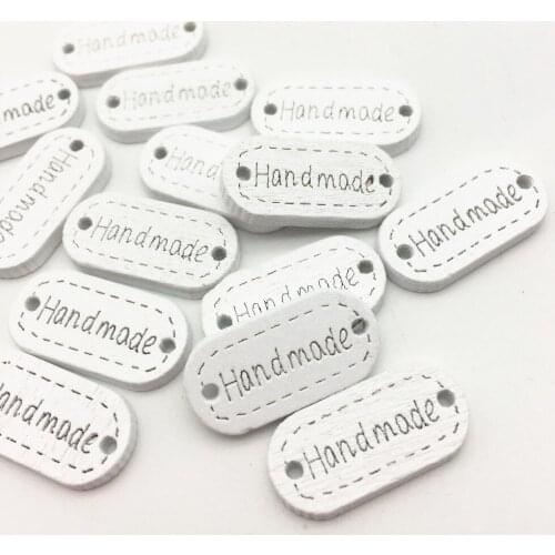 100pcs White Wood "Handmade" Connectors Tag Label Rectangle Oval Embellishments Ornament Crafts With 2 Holes Button
