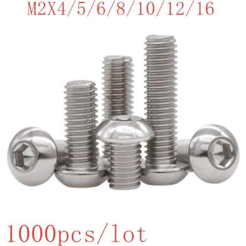 1000PCS button Head iso7380 M2*3/4/5/6/8/10/12/16 Stainless steel 304 hex socket button head machine screw