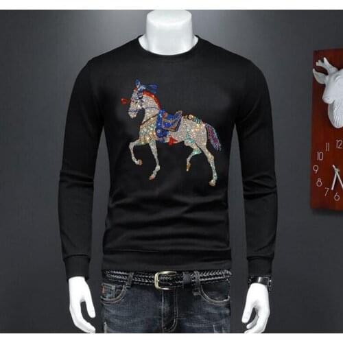 2021 Men hoodies long Sleeve Casual Male Rhinestones horse slim fit Homme Top hoody