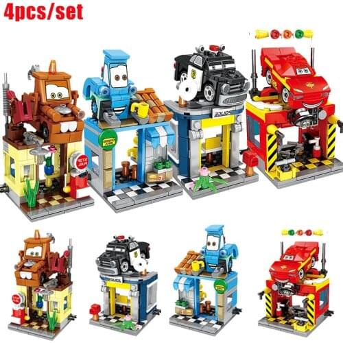4 pieces/set of new cartoon classic movie car story street view store building block model childrens toy gift