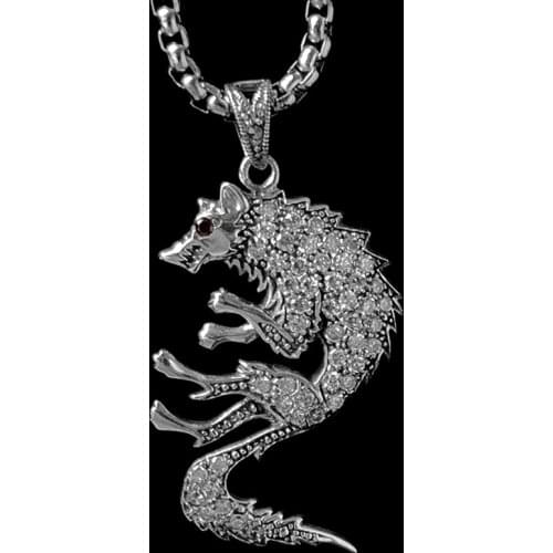 Antique Silver Wolf Totem With Crystal Diamond Pendant Necklace Viking Jewelry