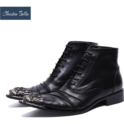 Christia Bella Business Man Large Size Short Boots Genuine Leather Pointed Toe Increse Height Boots Motorcycle Zip Boots for Men