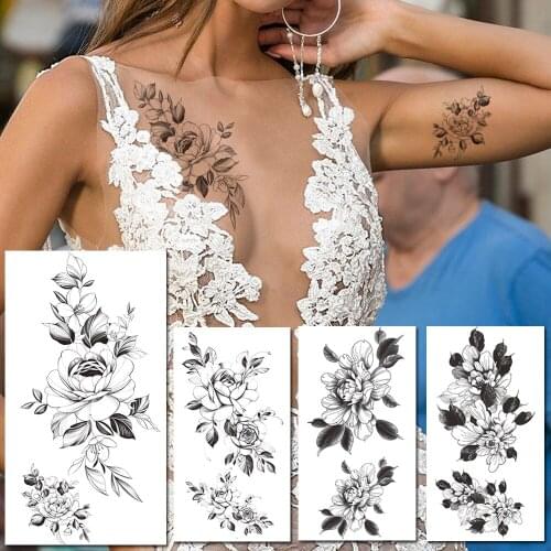 Lily Flower Temporary Tattoo For Women Girls Sweatpea Peony Tattoos Sticker Black Leaves Floral Waterproof Fake Tatoo Body Chest