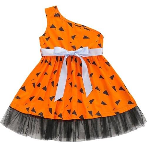 1-6Years Kids Baby Slanted Shoulder Dress with Bow Belt Halloween Costume Mesh Stitching Decoration Toddler Infant Clothing New