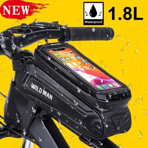 WILD MAN 1.8L Bike Bag Frame Front Tube Cycling Bag 7.0inch Waterproof Phone Holder Touchscreen MTB Road Bag Bicycle Accessories