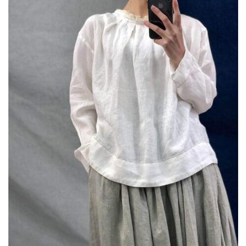 Johnature 2021 New Ruffles Collar Solid Color Loose Vintage Cotton Linen Womens Tops And Blouses Summer Japanese 2 Colors Shirts