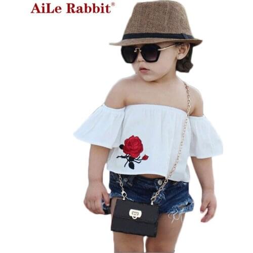 AiLe Rabbit Fashion Girls Clothing Set Rose Tops Jeans 2 Pieces Suits Word Collar Strapless Set Kids Hole Denim Shorts k1