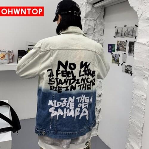 Vintage Denim Bomber Jacket letter print Gradient Denim Coats Men Hip Hop Jeans Jacket Streetwear 2020 Distressed Denim Jacket