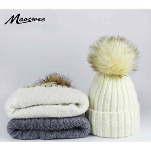 Hot Double layer Faux fur ball cap pom poms winter hat Heater lining for women girls hat knitted beanies cap thick female cap