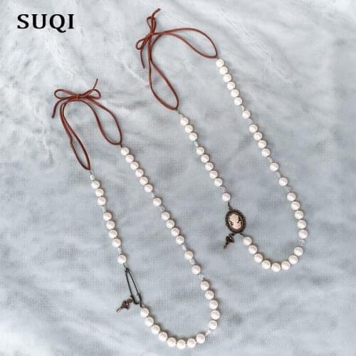 Fashion bronze queen jewelry choker Artificial pearls Rhinestone cameo pendants Long bohemian sweater necklace for womens 2019