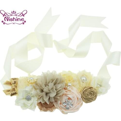 Fashion Chiffon Lotus Women Sash Glitter Sequins Bowknot Waistband Pearl Flower Maternity Belt Lady Accessories Party Decoration