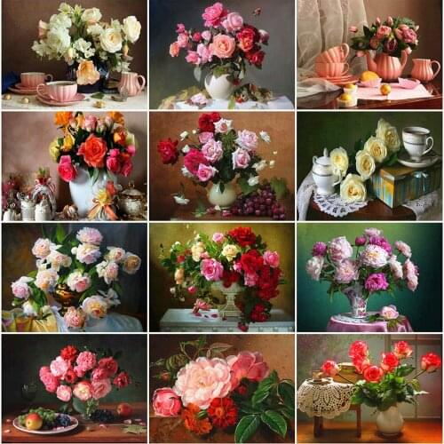 MomoArt 5D Diamond Embroidery Rose Cross Stitch Kits Diamond Painting Flower Picture Rhinestone Mosaic Peony Needlework Wall Art