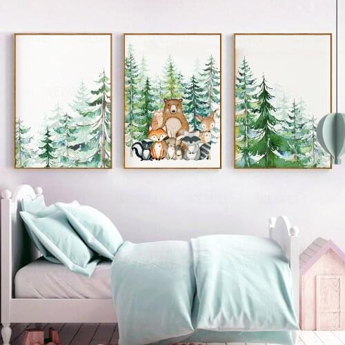 Woodland Animal Print Nursery Wall Art Paintings Nordic Poster Canvas Painting Fox Deer Bear Wall Pictures Kids Baby Room Decor