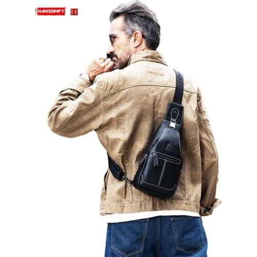 Genuine Leather Mens Chest Bag First Layer Cowhide Shoulder Diagonal Chest Bags Black Brown