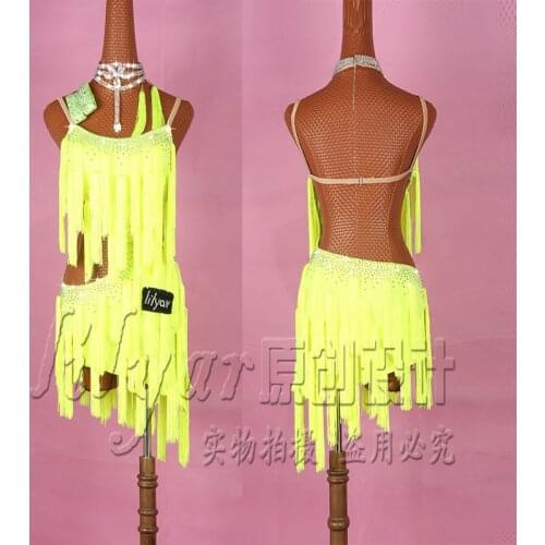 New Latin Dance Dress Competition Dress Costumes Skirt Performing Dress Sparkly Rhinestones Adult Customize Children Fluorescent