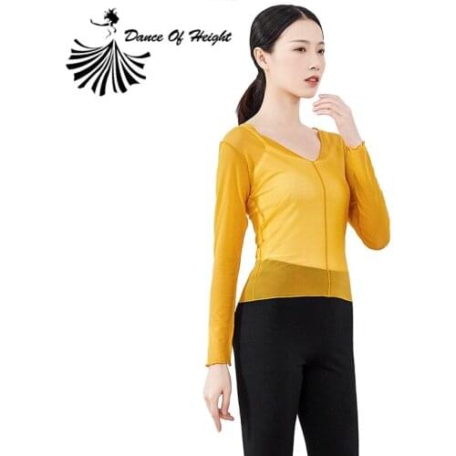 New Womens Gauze Modern Dance Dress See Through Classical Dance Clothes V Neck Long Sleeve Top Blouse Yoga Performance Shirt