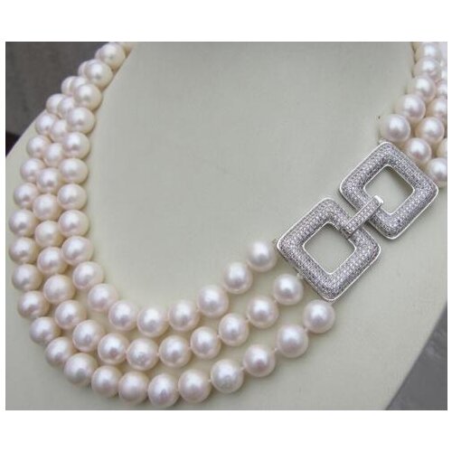 Free shipping Jewelry Triple strands AAA 9-10MM south sea white pearl necklace 17-19 inch girls choker necklace pendant