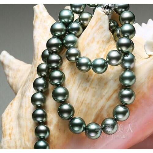 Stunning AAA12mm huge round Tahitian black green pearl necklace 19inch