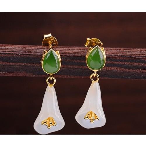 Uglyless Natural Jasper Jade Calla Lily Floral Earrings for Women Real 925 Silver Gemstones Flower Earrings Gold Brincos E1910
