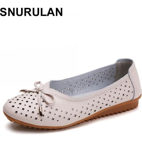SNURULAN women genuine leather ballet flats shoes woman without lace moccasins woman shallow casual butterfly-knot shoes ladies