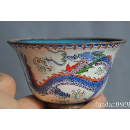 Old Chinese pure bronze Cloisonne dragon phoenix bird auspicious statue bowl cup