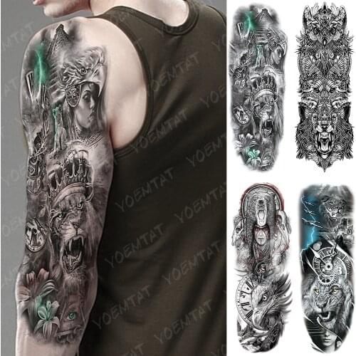 Large Arm Sleeve Tattoo King Crown Lion Totem Waterproof Temporary Tatto Sticker Hero Eagle Bear Body Art Full Fake Tatoo