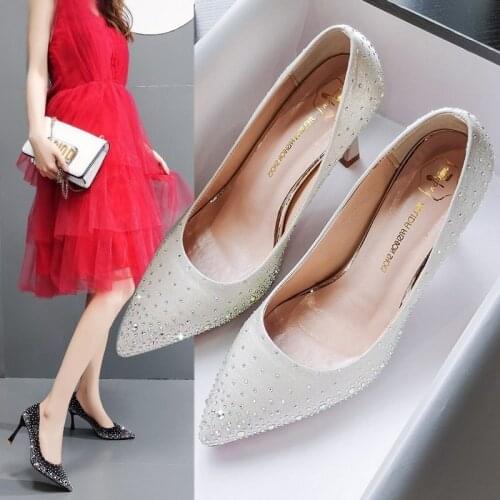 Women Dress Shoes White Bling Wedding Shoes Bridal High Heels Crystal Pumps Pointed Toe Boat Shoes zapatos mujer Red Black 8224L