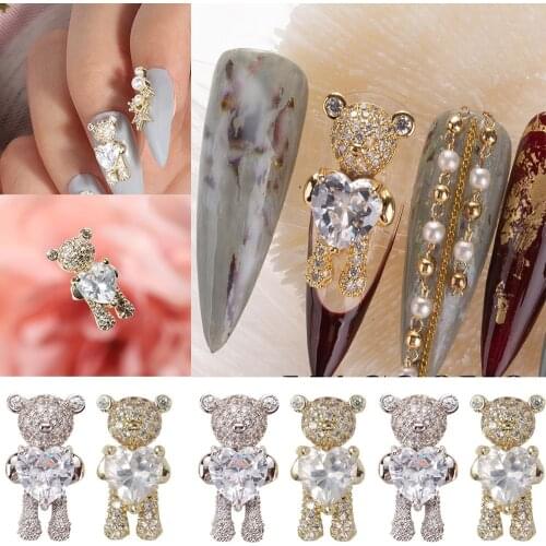 Shiny Zircon Alloy Bear 3D Nail Decorations With Heart Crystal Luxury Nail Jewelry Manicure Nail Art Design Accessories