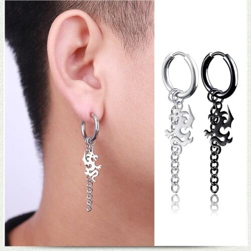 Punk Chain Tassels Dangle Drop Earrings Brincos Men DragonPendant Stainless Steel Earrings Jewelry