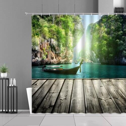Mountain Water Scenery Shower Curtains Wooden Bridge Boat Green Plants Forest Waterfall Landscape Bathroom Curtain Home Decor