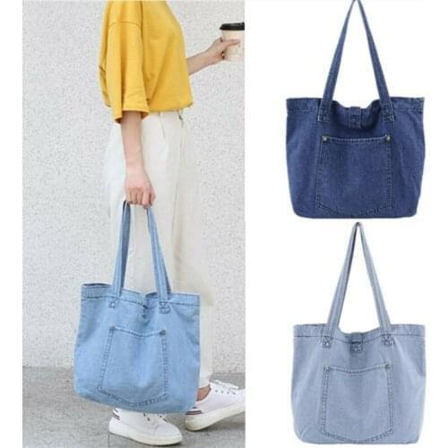 2021 Women Vintage Canvas Denim Tote Shoulder Bag Shopping Handbag Blue