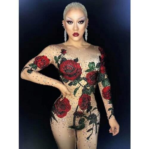 Women Sparkly Rhinestones Red Rose Rompers Sexy Nightclub Full Stones Long Big Tail Bodysuit Costume Prom Birthday Celebrate