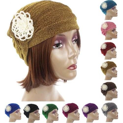 Ladies Muslim Pearl Stretch Turban Hat Women Head Scarf Headwrap Chemo Cap Hair Cover Glitter Pleated Beanies Islamic Bonnet New
