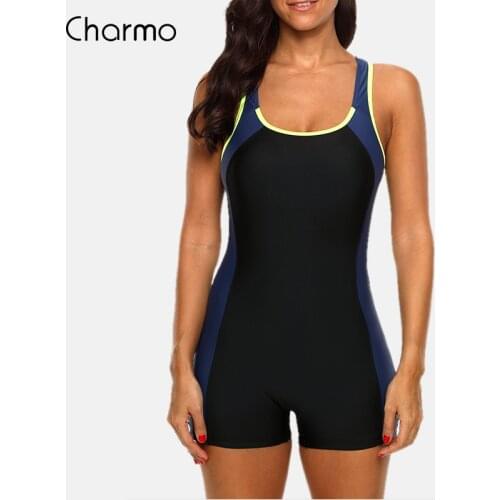 Charmo Women Sports Swimwear Sports Swimsuit One-Piece Colorblock Swimwear Open Back Beach Wear Bathing Suits patch work fitness