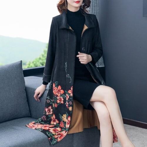 2020 New Spring Autumn Loose Suede Long Trench Coats Women Plus Size 5XL Middle-aged Elderly Mother Printed Coat XA415