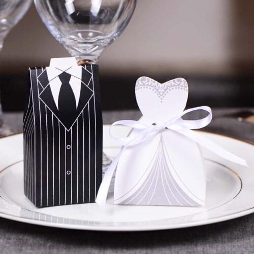 100Pcs Bridal Gift Cases Groom Tuxedo Dress Gown Ribbon Wedding Favors Candy Box Sugar Case Wedding Decoration Mariage