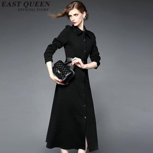 2018 new arrival women business casual clothing black dress women button front long sleeve maxi dress with belt KK1201