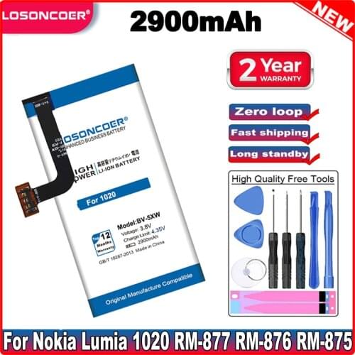 LOSONCOER 2900mAh BV-5XW High quality battery For Nokia Lumia 1020 RM-877 RM-876 RM-875 RM 876 875 877 1020 Battery +Free tools