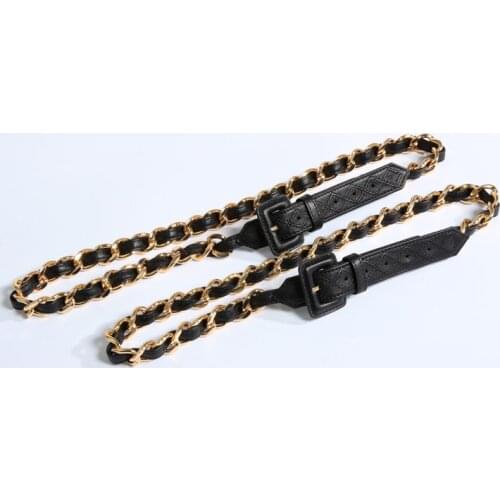 Boutique 24K Gold Plated Copper Link Chains Calfskin Belt 90s Vintage Black Metal Patchwork Genuine Leather Stitched Waist ACC