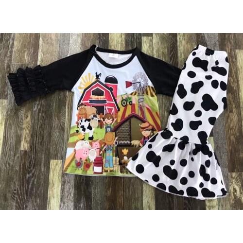 Childrens boutique farm cartoon animal pattern black lace long sleeve cow print bell bottom set