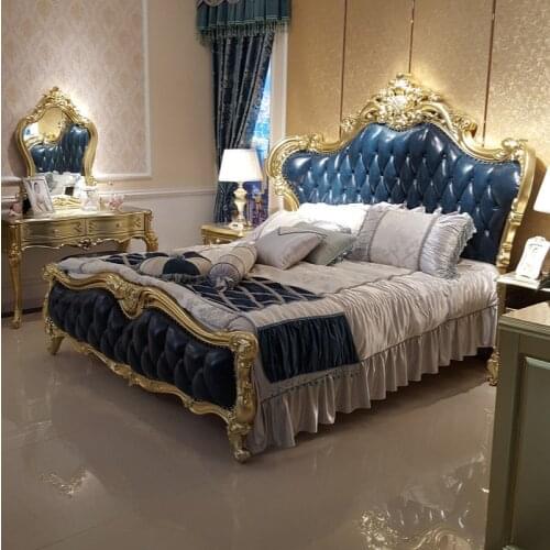 European luxury double bed European villa wood carving living room leather art wedding bed